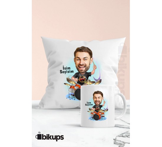 Bateristlere Özel Karikatür Kupa ve Yastık Seti 