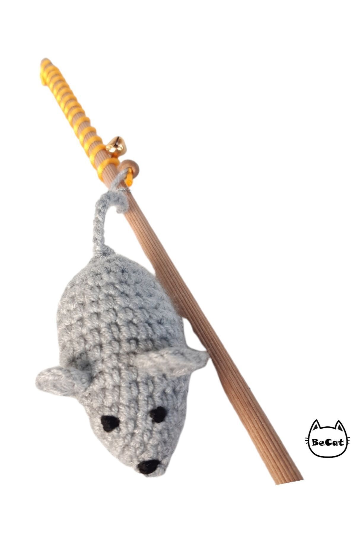 Fare Örgü, Amigurumi Catnipli Oyuncaklı Çanlı Kedi Oltası Oyuncağı
