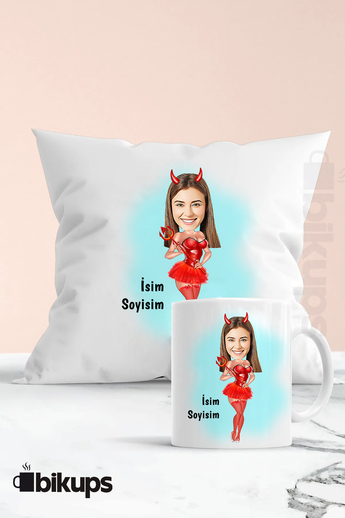 kişiye özel şeytan tasarımlı karikatür kupa ve yastık seti