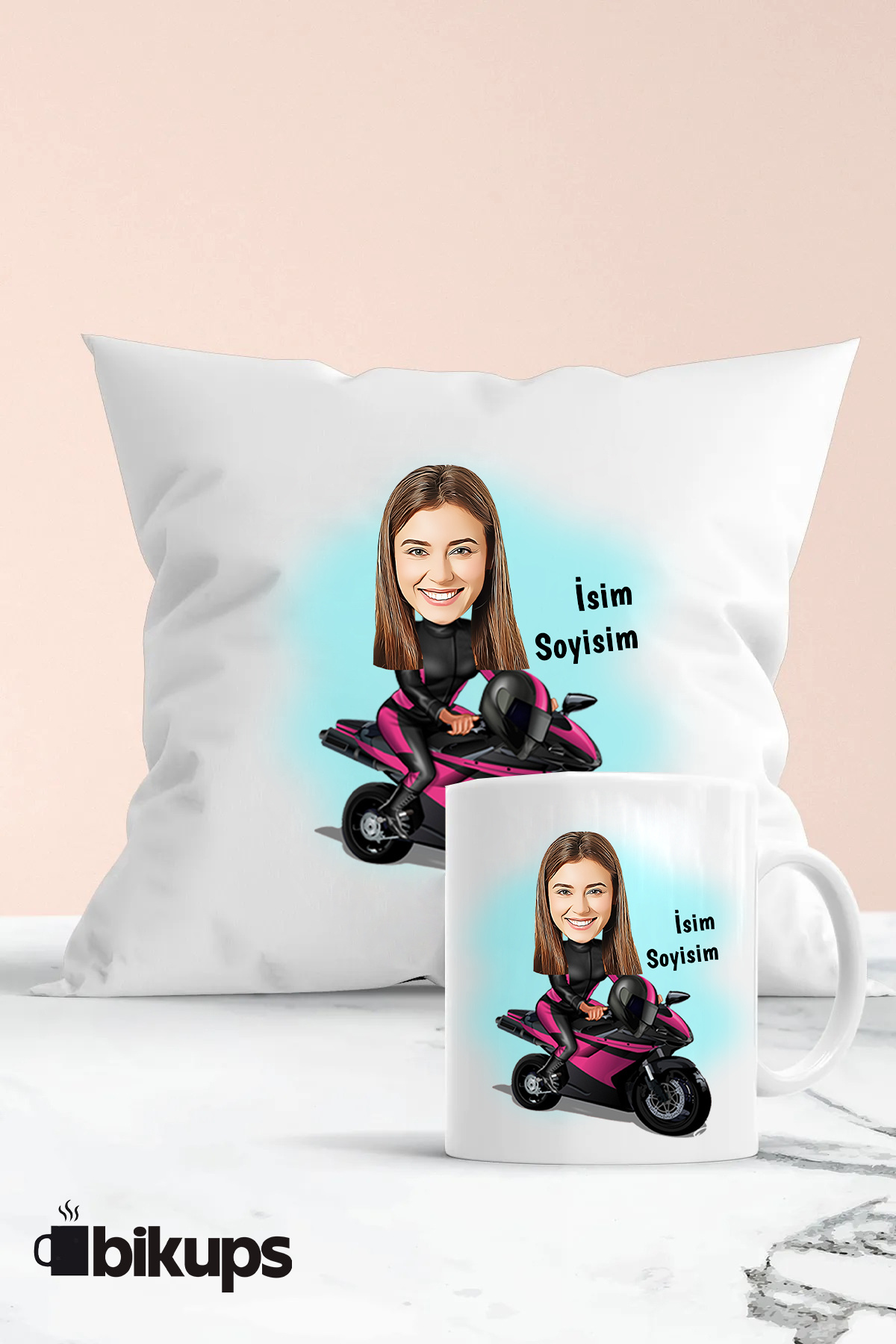 Motor Severlere Özel karikatür kupa ve yastık seti
