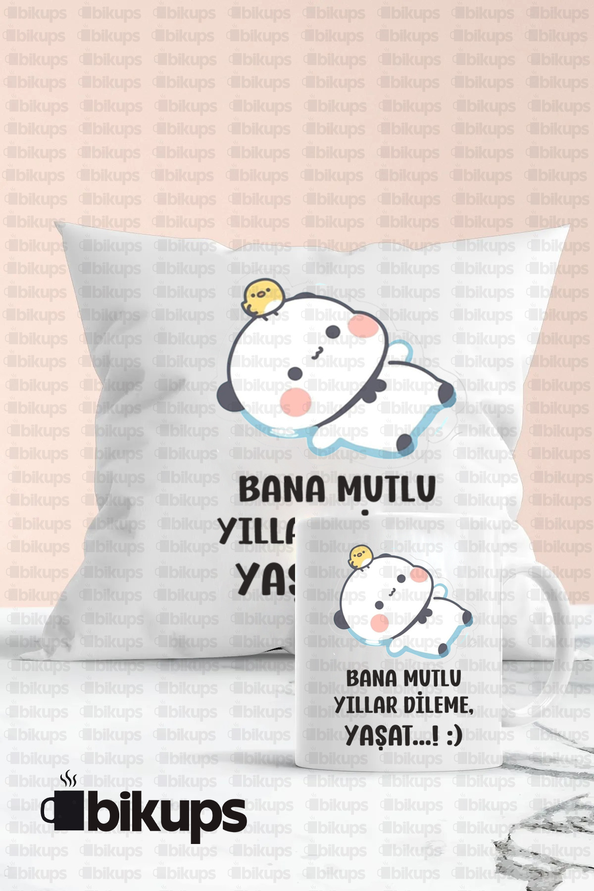 Bana mutlu yıllar dileme, yaşat Baskılı Kupa Yastık Seti