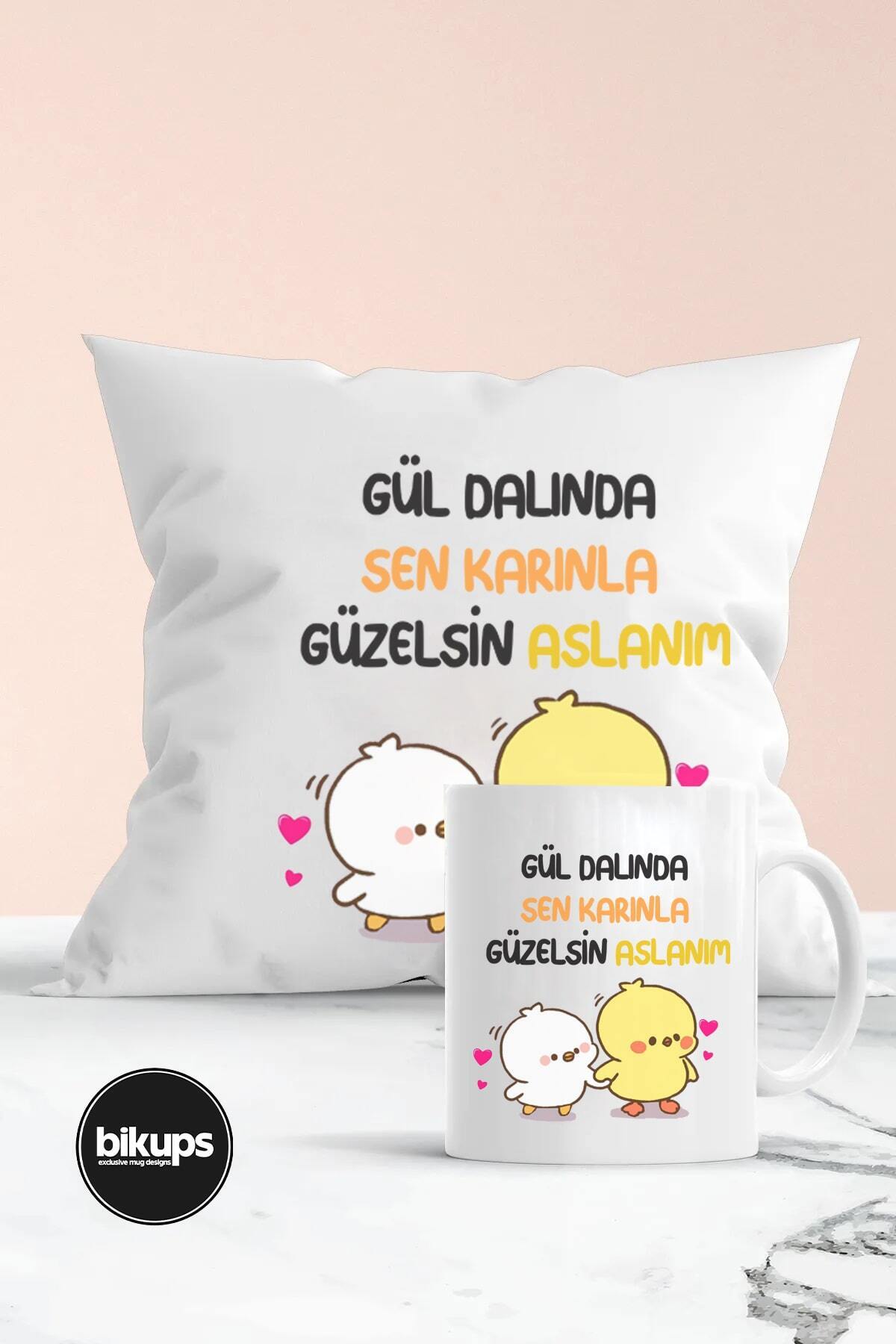 Gül dalında sen karınla güzelsin ASLANIM baskılı kupa yastık seti
