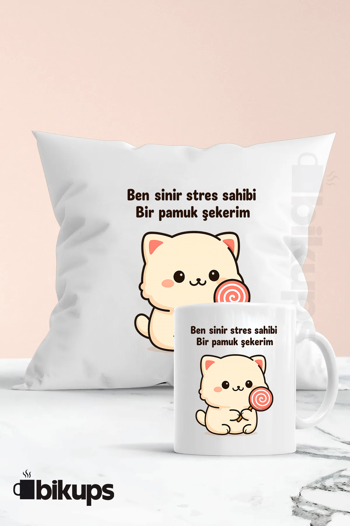 Ben Sinir Stres Sahibi Bir Pamuk Şekerim Baskılı Yastık Ve Kupa Seti