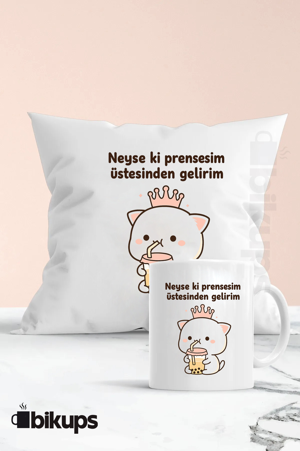Neyse Ki Prensesim Üstesinden Gelirim Baskılı Hediyelik Yastık Ve Kupa Seti