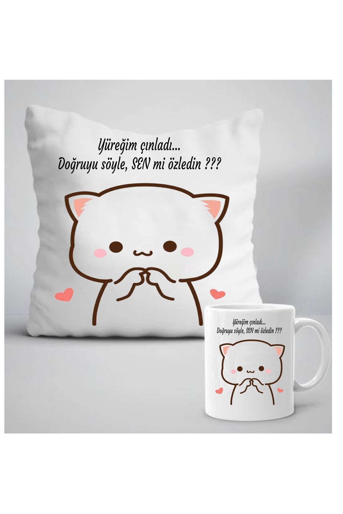 Yüreğim çınladı doğruyu söyle sen mi özledin yazılı yastik ve kupa set