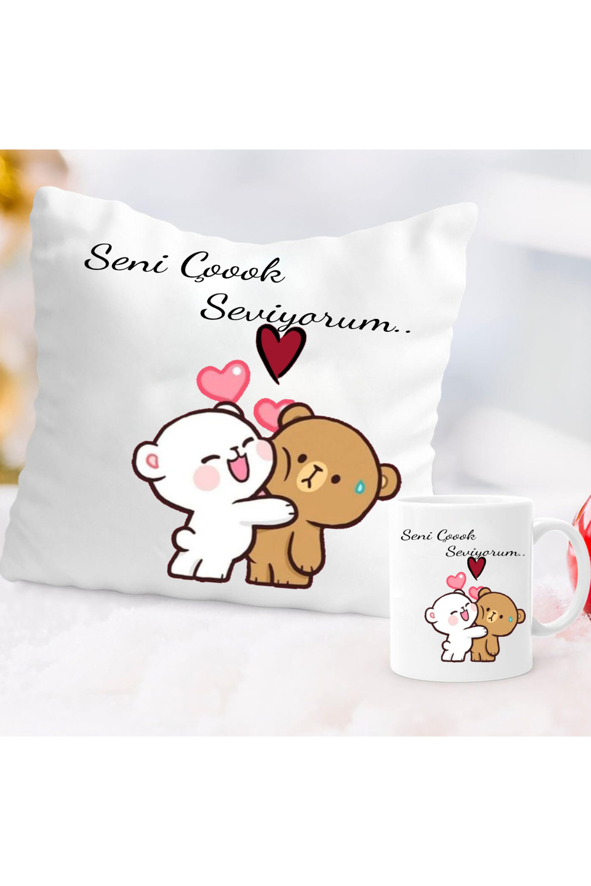 seni cok seviyorum yazili yastik kupa set