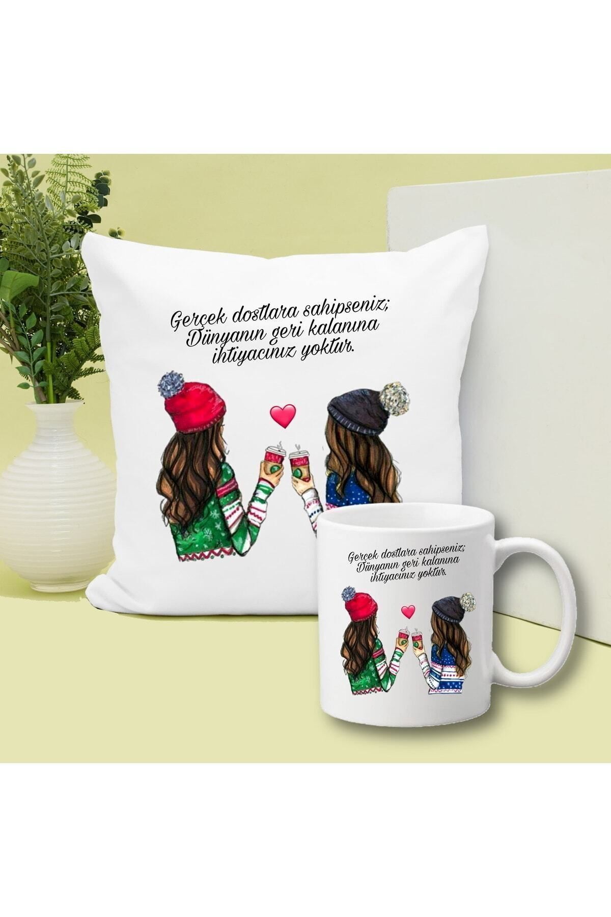 Gerçek Dost Baskılı Kupa ve Yastık Set Hediye
