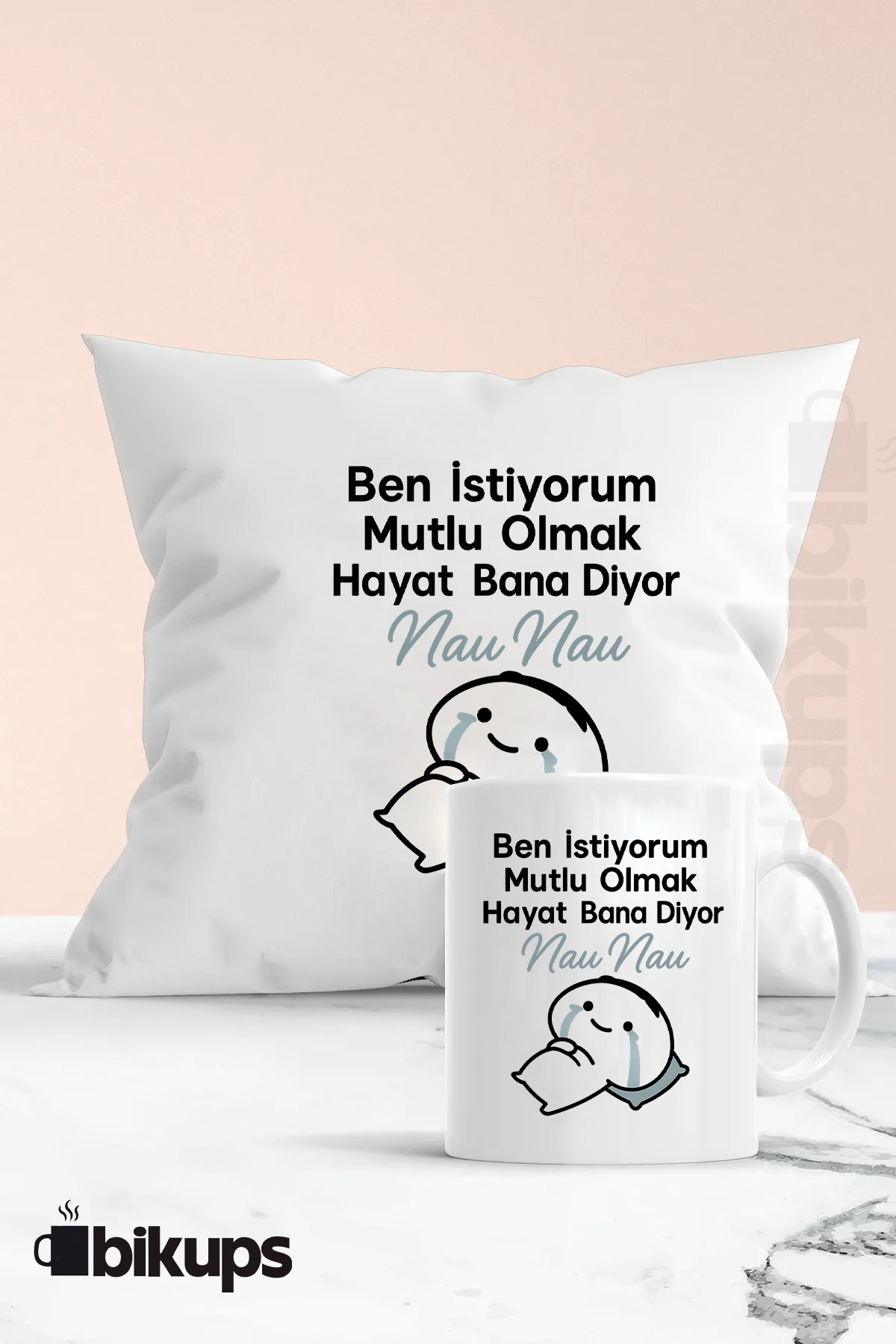Ben Istiyorum Mutlu Olmak Hayat Bana Diyor Nau Nau Baskılı Yastık Kupa Set